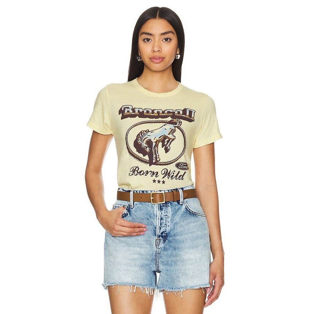 Junk Food Ford Bronco II Graphic Tee Women M Yellow Born Wild Western Distressed